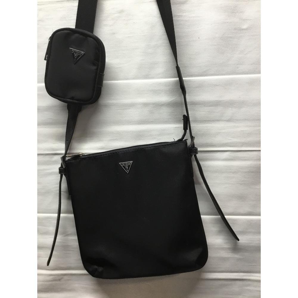 Guess Black Nylon Crossbody Messenger Bag with Detachable Pouch Silver Logo